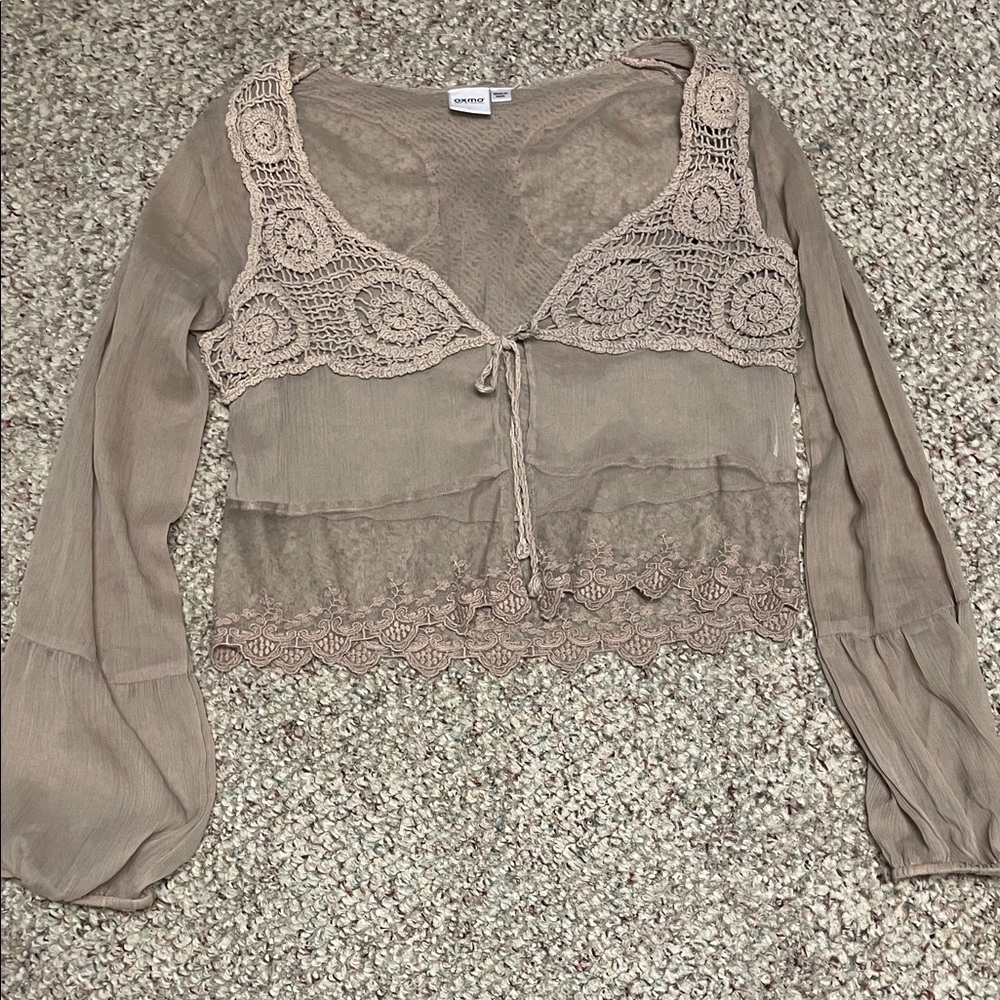 Oxmo boho Crochet Lace sheer tie front Blouse - Tan